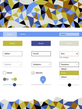 Açık mavi, sarı vektör UI ux kiti üçgen tarzı. Renkli UI/ux kiti üstbilgi ile üçgen oluşuyordu. Web siteleri, açılış sayfaları için güzel düzeni.
