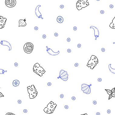 Hafif mavi vektör sorunsuz arka plan ile lezzetli yemekler. Bulanık dekoratif tasarım doodle tarzı aperatifler. Desen menüsü kafeteryalar, barlar, restoranlar için.