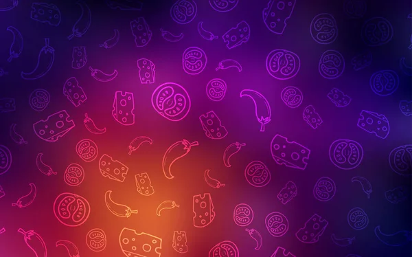 Koyu pembe, sarı arka plan lezzetli yemekler ile vektör. Dekoratif illüstrasyon gıda ile soyut şablonunda parlayan. Mutfakta yemek yemek için şablon.