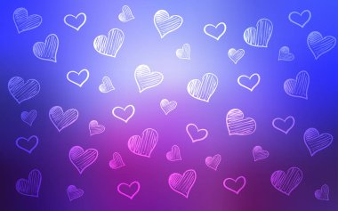 Açık mavi, kırmızı vektör kapak kalpleri parlayan ile. Bulanık dekoratif tasarım kalpler ile doodle tarzında. Reklam, poster, afiş, Sevgililer günü için tasarım.