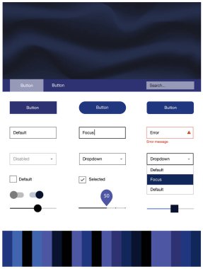 Koyu pembe, mavi vektör tasarım UI kiti ile daireler kavisli. Renkli resimde gradyan ile soyut memphis tarzı. Web siteleri için basit renkli tasarım.