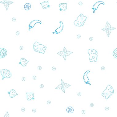 Hafif pembe, mavi vektör sorunsuz kapak mutfak gurme ile. Dekoratif illüstrasyon gıda ile soyut şablonunda parlayan. Reklam, kitapçıklar, broşürler restoranlar için desen.