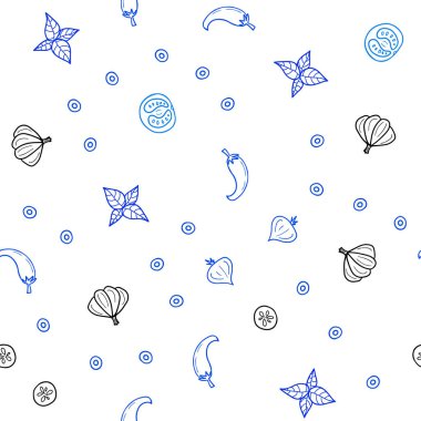 Hafif mavi vektör taze malzemelerle seamless modeli. Dekoratif illüstrasyon gıda ile soyut şablonunda parlayan. Kafe işletme reklamınız için tasarım doodle.