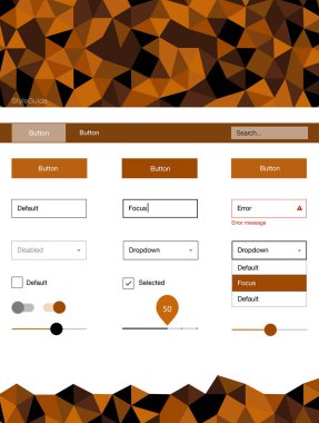Koyu turuncu vektör UI kiti poligonal tarzı. Basit malzeme tasarım kiti ile üçgen renkli mozaik. Bu örnek açılış sayfanız için mu.
