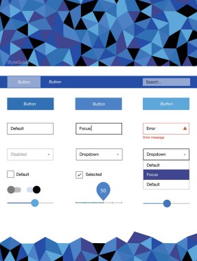 Hafif mavi vektör UI ux kiti üçgen tarzı. Web Kullanıcı arabirimi kiti ile onun üstbilgisindeki soyut degrade üçgenler. Açılış sayfanız için modern şablon.
