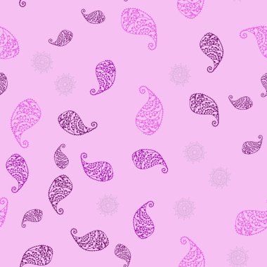 Mor ışık, vektör sorunsuz doodle şablonuyla yaprak ve çiçek pembe. Beyaz arka plan üzerinde Hint tarzı dekoratif tasarım. Dokulu deseni bir Web sitesi için banner.