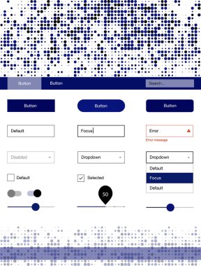 Koyu mavi noktalar ile malzeme tasarım kiti vektör. Dekoratif UI takımı tasarım renkli noktalar ile soyut tarzda. Web siteleri, açılış sayfaları için güzel düzeni.