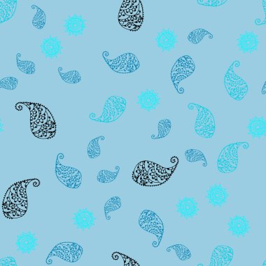 Mavi vektör sorunsuz doodle dokulu yaprak ve çiçek ve ışık. Beyaz arka plan üzerinde kabataslak karalamalar. İşiniz için yeni tasarım.