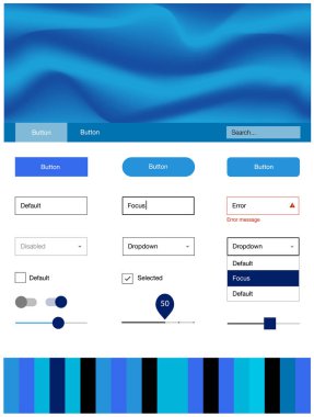 Açık mavi malzeme tasarım kiti ile sıvı şekil vektör. Degrade yarı ton mermer stiliyle yaratıcı çizimde. Açılış sayfanız için modern şablon.