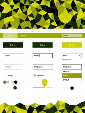 Açık yeşil, sarı vektör web UI kiti poligonal tarzı. Dekoratif UI takımı tasarım renkli kristaller ile soyut tarzda. Açılış sayfanız için modern şablon.