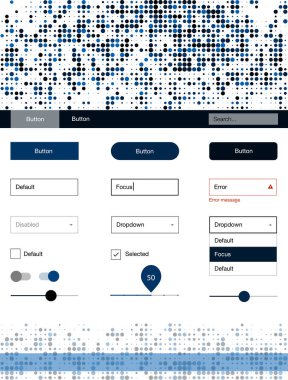 Koyu mavi noktalar ile malzeme tasarım kiti vektör. Arka plan üzerinde renkli stil rehberi daireler ile. Bu web siteleri için kullanabileceğiniz şablon.