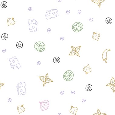 Işık çok renkli vektör gurme mutfağı ile sorunsuz kapak. Resimde dizi doodle tarzı taze yiyecek. Desen reklamlar Kahvaltı, Öğle Yemeği, akşam yemeği için.