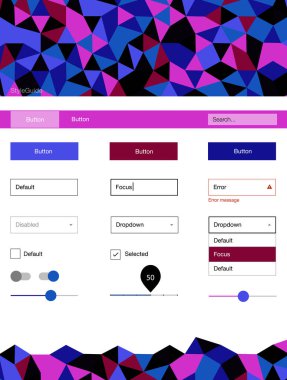 Koyu mavi, kırmızı vektör tasarım UI kiti ile mozaik. Web Kullanıcı arabirimi kiti ile onun üstbilgisindeki soyut degrade üçgenler. Web siteleri için basit renkli tasarım.