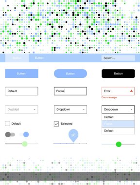 Açık mavi, yeşil vektör tasarım UI kiti noktalı. Basit malzeme tasarım kiti üstbilgisindeki renkli noktalar ile. Web siteleri, açılış sayfaları için güzel düzeni.