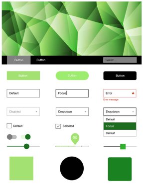 Açık yeşil çizgilerle malzeme tasarım kiti vektör. Dekoratif UI takımı tasarım renkli kristaller ile soyut tarzda. Bu örnek açılış sayfanız için mu.