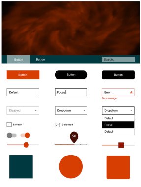 Işık kırmızı vektör UI ux seti alan yıldız ile. Basit malzeme tasarım kiti üstbilgisindeki renkli bulutlar ile. Açılış sayfanız için modern şablon.