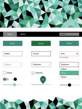 Açık mavi, yeşil vektör web UI kiti poligonal tarzı. UI Ux kiti başlığını poligonal renkli arka plan ile. Bu örnek açılış sayfanız için mu.