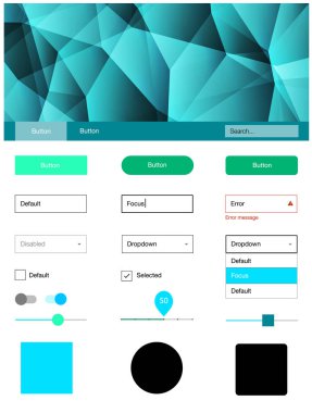 Açık mavi, yeşil vektör tasarım UI kiti ile mozaik. Üçgenler ile poligonal tarzında modern stil rehberi. Bu web siteleri için kullanabileceğiniz şablon.