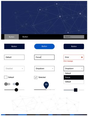 Koyu mavi vektör UI kiti poligonal tarzı daireler ile. UI takımı tasarım renkli kristaller, soyut tarzda daireler. Bu örnek açılış sayfanız için mu.