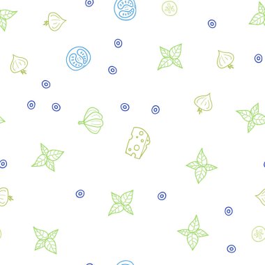 Açık mavi, yeşil vektör sorunsuz kapak mutfak gurme ile. Resimde dizi doodle tarzı taze yiyecek. Reklam, poster, afiş kafe ya da restoran için tasarım.