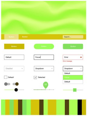 Karanlık çok renkli vektör tasarım UI kiti eğri daireler ile. Renkli resimde gradyan ile soyut memphis tarzı. Bu örnek için sitesidir.