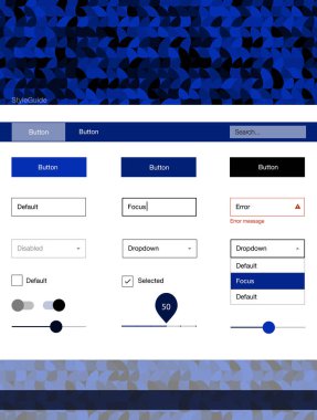 Koyu mavi vektör UI ux kiti daireler ile. Basit malzeme tasarım kiti üstbilgisindeki renkli noktalar ile. Web siteleri, açılış sayfaları için güzel düzeni.
