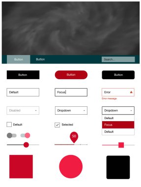 Evren yıldız ışık kırmızı vektör tasarım UI kiti. Basit malzeme tasarım kiti üstbilgisindeki renkli bulutlar ile. Açılış sayfanız için modern şablon.