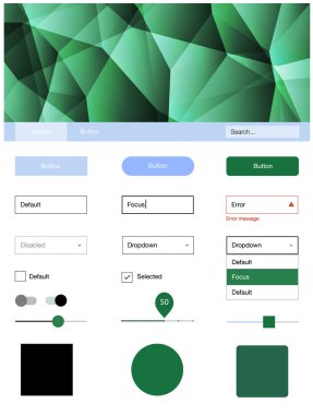 Açık mavi, vektör malzeme tasarım kiti hatları ile yeşil. Web Kullanıcı arabirimi kiti ile onun üstbilgisindeki soyut degrade üçgenler. Bu örnek açılış sayfanız için mu.