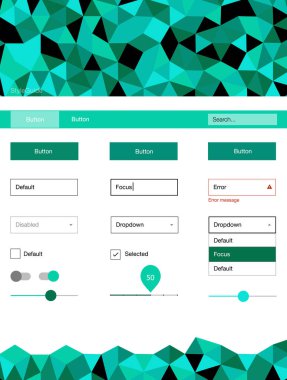 Işık yeşil vektör tasarım UI kiti ile mozaik. Web Kullanıcı arabirimi kiti ile onun üstbilgisindeki soyut degrade üçgenler. Bu örnek için sitesidir.