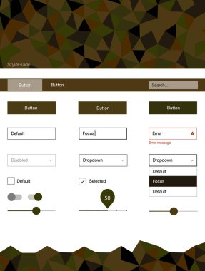 Koyu yeşil, sarı vektör web UI kiti poligonal tarzı. Dekoratif UI takımı tasarım renkli kristaller ile soyut tarzda. Web siteleri, açılış sayfaları için güzel düzeni.