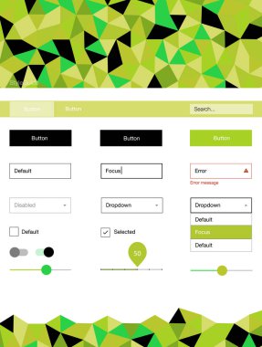 Açık yeşil, sarı vektör web UI kiti poligonal tarzı. Arka plan üzerinde renkli stil rehberi üçgenler ile. Bu örnek açılış sayfanız için mu.