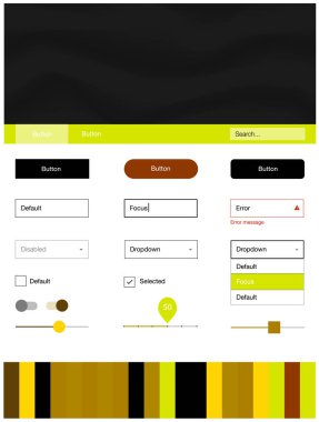 Koyu yeşil, sarı vektör UI ux kiti çizgilerle, oval. Renkli resimde gradyan ile soyut memphis tarzı. Web siteleri, açılış sayfaları için güzel düzeni.