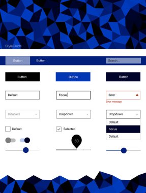 Koyu mavi vektör UI kiti poligonal tarzı. UI Ux kiti başlığını poligonal renkli arka plan ile. Açılış sayfanız için modern şablon.