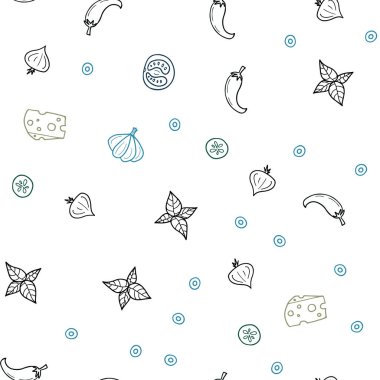 Açık mavi, kırmızı vektör sorunsuz düzen Restoran gıda ile. Resimde dizi doodle tarzı taze yiyecek. Desen reklamlar Kahvaltı, Öğle Yemeği, akşam yemeği için.