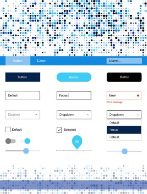 Koyu mavi vektör UI ux kiti daireler ile. Arka plan üzerinde renkli stil rehberi daireler ile. Açılış sayfanız için modern şablon.
