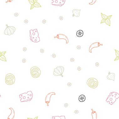 Açık yeşil, kırmızı vektör sorunsuz arka plan ile lezzetli yemekler. Resimde dizi doodle tarzı taze yiyecek. Kafe işletme reklamınız için tasarım doodle.