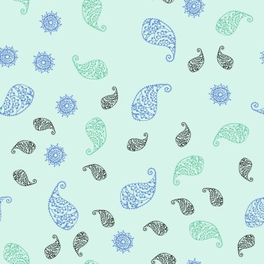 Açık mavi, yeşil vektör sorunsuz doğal arka plan ile yaprak ve çiçekler. Soyut illüstrasyon yaprakları, çiçekleri karalamalar tarzı ile. Desen renkli kitap ve sayfaların çocuklar için için.