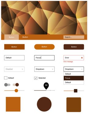 Koyu turuncu vektör malzeme tasarım kiti çizgilerle. Dekoratif UI takımı tasarım renkli kristaller ile soyut tarzda. Bu web siteleri için kullanabileceğiniz şablon.