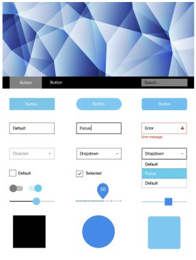 Hafif pembe, mavi vektör tasarım UI kiti ile mozaik. Basit malzeme tasarım kiti ile üçgen renkli mozaik. Bu örnek için sitesidir.