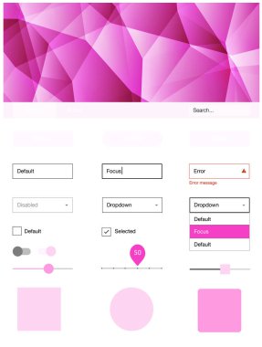 Hafif pembe vektör UI kiti poligonal tarzı. Arka plan üzerinde renkli stil rehberi üçgenler ile. Bu örnek için sitesidir.
