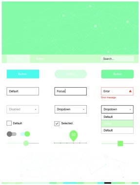 Işık yeşil vektör web UI kiti poligonal tarzı daireler ile. Renkli UI ux kiti ile üçgenler, üstbilgi çevrelerde. Web siteleri için basit renkli tasarım.