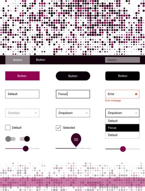 Noktalı koyu pembe vektör UI kiti. Basit malzeme tasarım kiti üstbilgisindeki renkli noktalar ile. Bu web siteleri için kullanabileceğiniz şablon.
