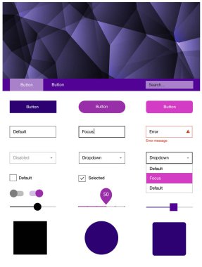 Koyu mor vektör UI ux kiti üçgen tarzı. Web Kullanıcı arabirimi kiti ile onun üstbilgisindeki soyut degrade üçgenler. Web siteleri için basit renkli tasarım.