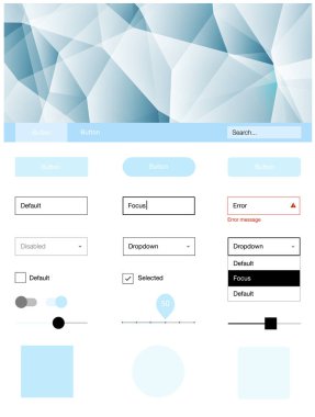 Hafif mavi vektör tasarım UI kiti ile mozaik. UI Ux kiti başlığını poligonal renkli arka plan ile. Web siteleri, açılış sayfaları için güzel düzeni.