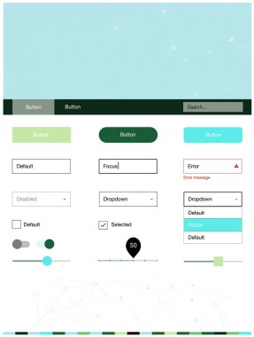 Açık mavi, yeşil vektör UI ux kiti daireler ile üçgen tarzı. Üçgen, daire ile poligonal stilinde stil rehberi. Sen-ebilmek kullanma için açılış sayfaları bu şablonu.