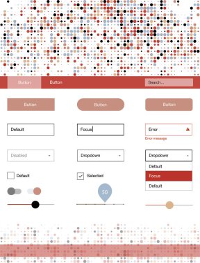 Işık mavi, kırmızı nokta ile malzeme tasarım kiti vektör. Dekoratif UI takımı tasarım renkli noktalar ile soyut tarzda. Bu örnek açılış sayfanız için mu.
