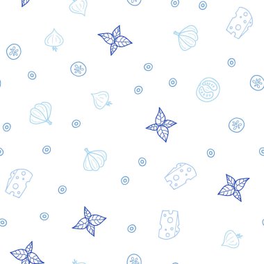 Hafif pembe, mavi vektör sorunsuz doku ile lezzetli aperatifler. Gıda doodle tarzı ile güzel renkli resimde. Desen reklamlar Kahvaltı, Öğle Yemeği, akşam yemeği için.