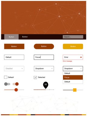 Koyu turuncu vektör stil Rehberi ile üçgenler, daireler. Renkli UI ux kiti ile üçgenler, üstbilgi çevrelerde. Bu örnek için sitesidir.