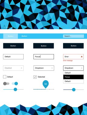 Koyu mavi vektör tasarım UI kiti ile mozaik. Basit malzeme tasarım kiti ile üçgen renkli mozaik. Web siteleri için basit renkli tasarım.