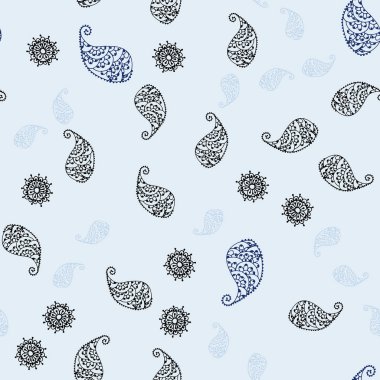 Koyu pembe, mavi yapraklar ve çiçekler ile sorunsuz doodle arka plan vektör. Beyaz arka plan üzerinde kabataslak karalamalar. Web siteleri ve tasarımlar için desen.